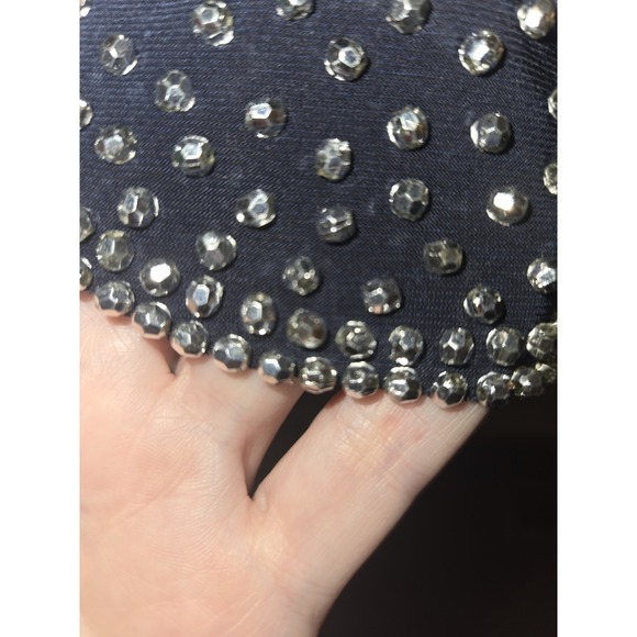 Navy Cold Shoulder cocktail Dress w Silver Stud Embellishments, Flutter sleeves - Picture 4 of 9